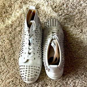 Christian Louboutin, Size 11-11.5, Spiked Leather Sneakers In Champagne/Silver